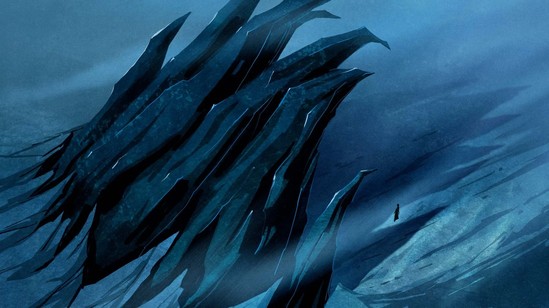 Dark claws of ice rise from the frozen ground to threaten Panoa and Araceli — The Forgotten Four, Meow Wolf.