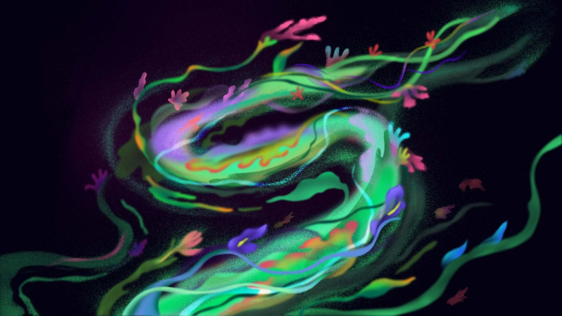 Numina coils in a glowing green spiral, scattered with flowers — The Forgotten Four, Meow Wolf.