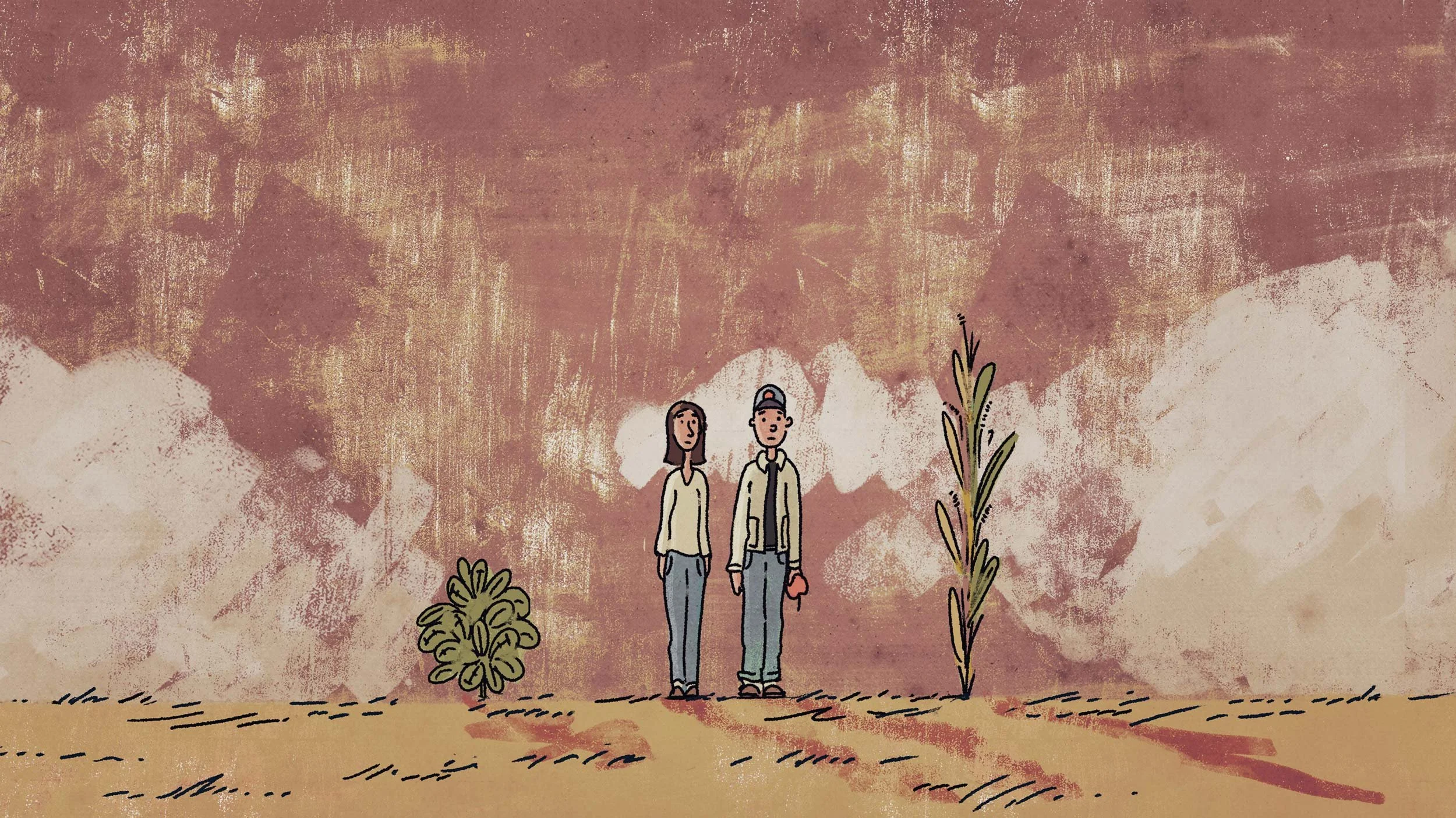 John and Molly stand on the parched red ground of the failed farm they first took on — The Biggest Little Farm, Neon.