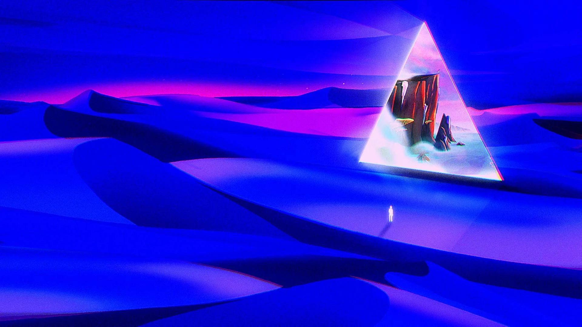 A glowing triangular portal stands among deep blue dunes, a rock spire inside it and a tiny figure before it — The Forgotten Four, Meow Wolf.