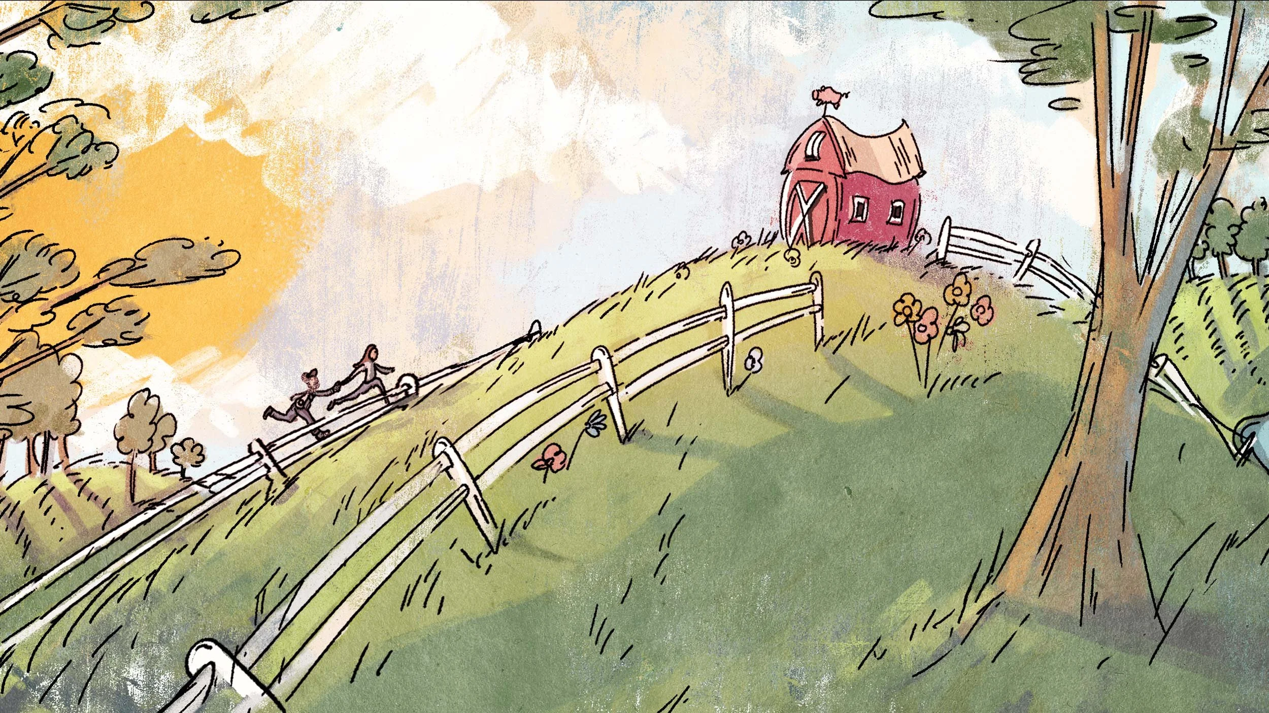 A red barn sits atop a green hill as two figures run up beside a white fence in the warm sun — The Biggest Little Farm, Neon.