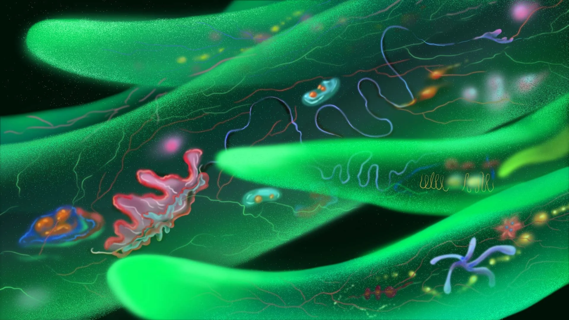 A close-up of Numina's glowing green surface, tiny cell-like organisms drifting across it — The Forgotten Four, Meow Wolf.
