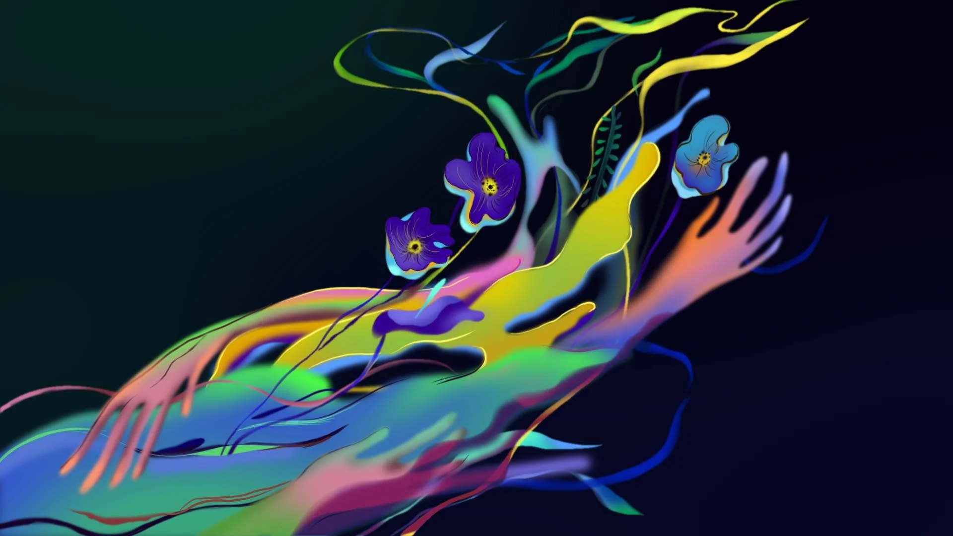 A hand of flowing color reaches upward as violet flowers bloom from it — The Forgotten Four, Meow Wolf.