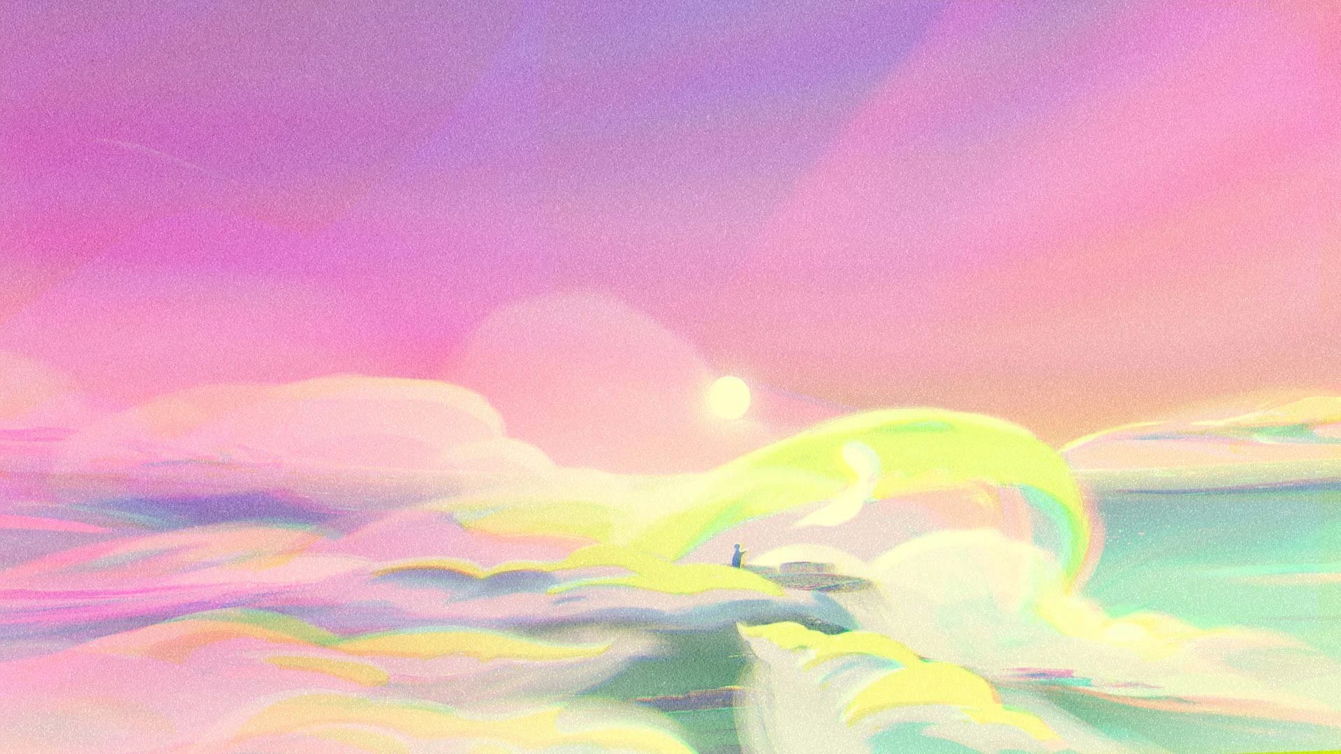 A soft pink and yellow cliff above a sea of clouds on the astral plane, where Darya finds Numina — The Forgotten Four, Meow Wolf.