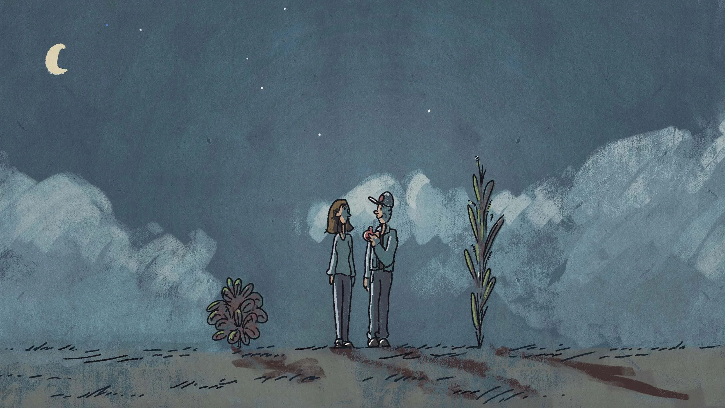 John and Molly stand on the same patch of ground at night beneath a deep blue sky — The Biggest Little Farm, Neon.