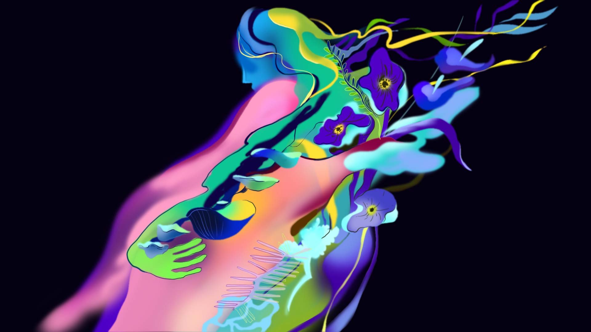 Numina takes the form of a woman made of color, violet flowers blooming from her shoulder — The Forgotten Four, Meow Wolf.