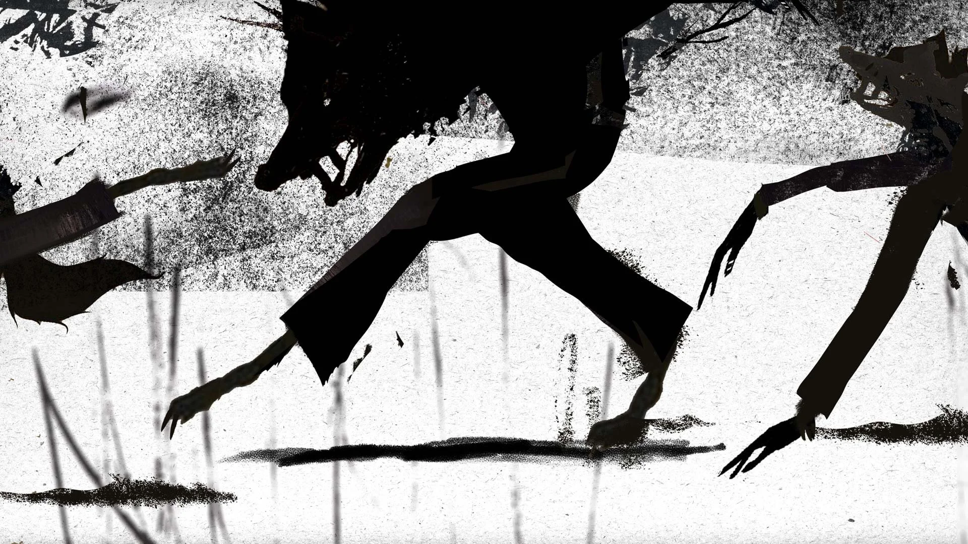A wolf in trousers lunges forward on clawed feet, teeth bared — Between Dogs & Wolves, Wiener Staatsballett.