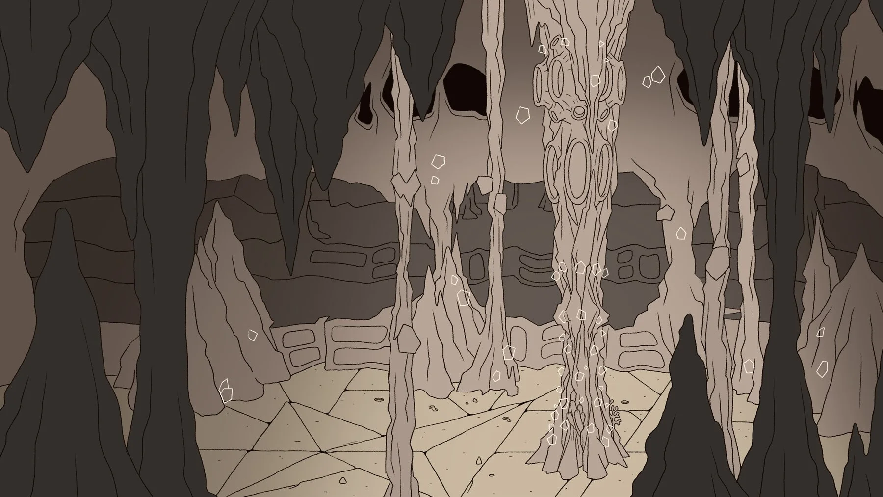 A rough sketch of the same cavern, its dripping columns studded with crystals — The Forgotten Four, Meow Wolf.