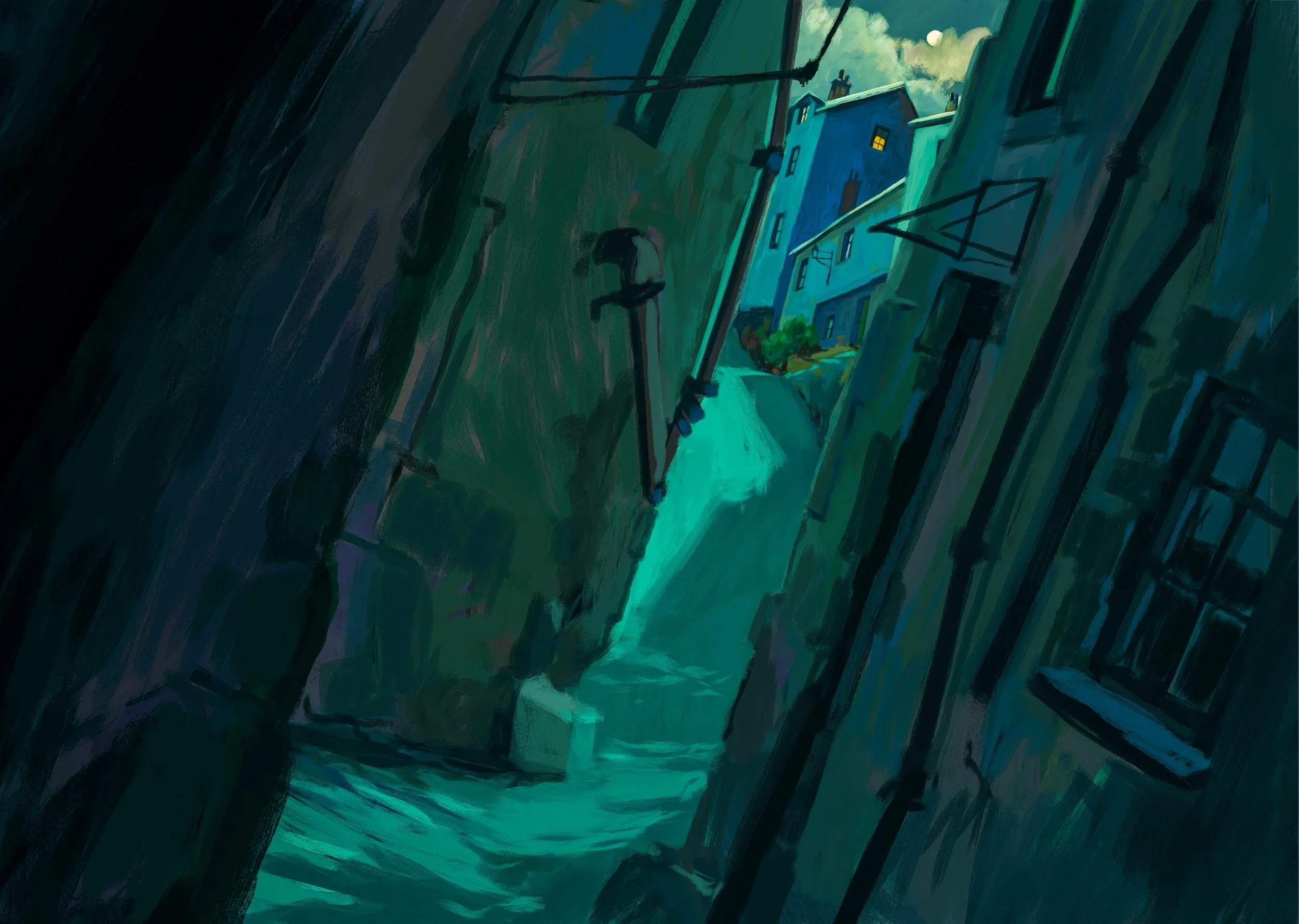 A narrow village alley at night, its tilted walls closing in under cold green moonlight, where Moon is chased by the village boys — Moon & the Dolphin, BFI.