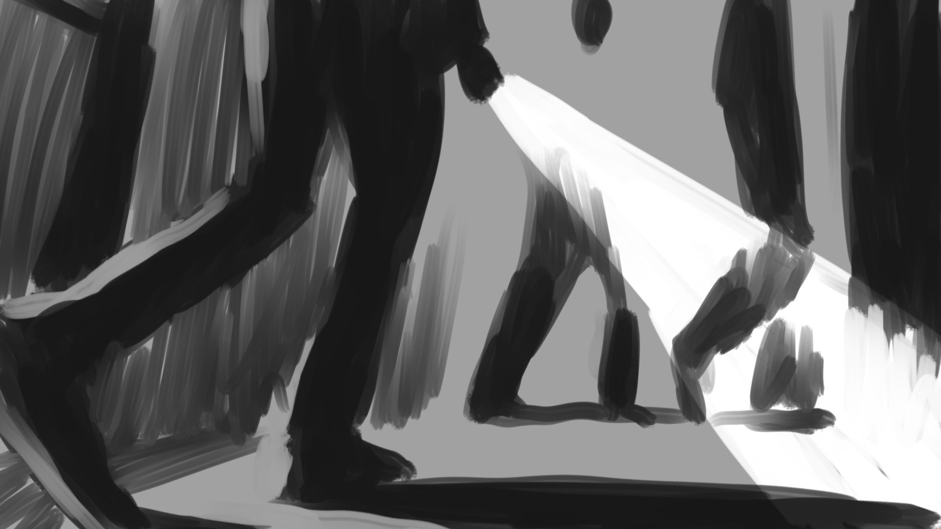 The flashlight beam sweeps across feet on the landing — The Price of Free.