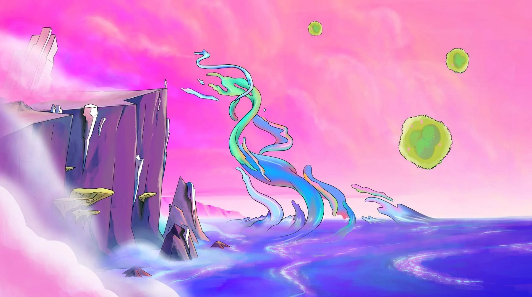 Numina rises from violet water in swirling ribbons of color to meet Darya, beneath a towering cliff — The Forgotten Four, Meow Wolf.