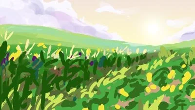 Color script: a lush field of crops and wildflowers in morning light — The Possibilities of Regeneration, Kiss the Ground.
