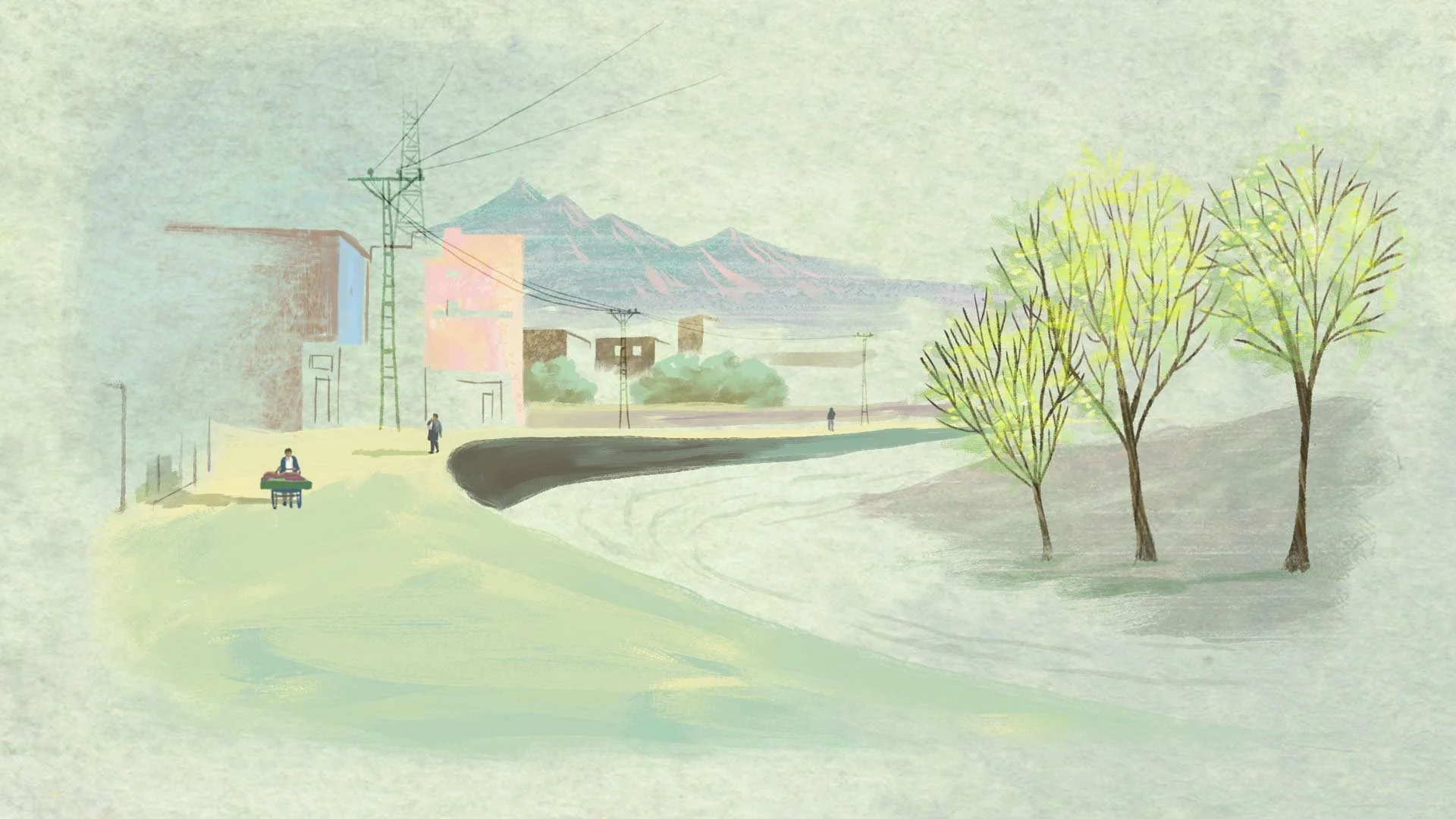 A quiet street in a Swat Valley town, power lines running toward distant mountains — He Named Me Malala.