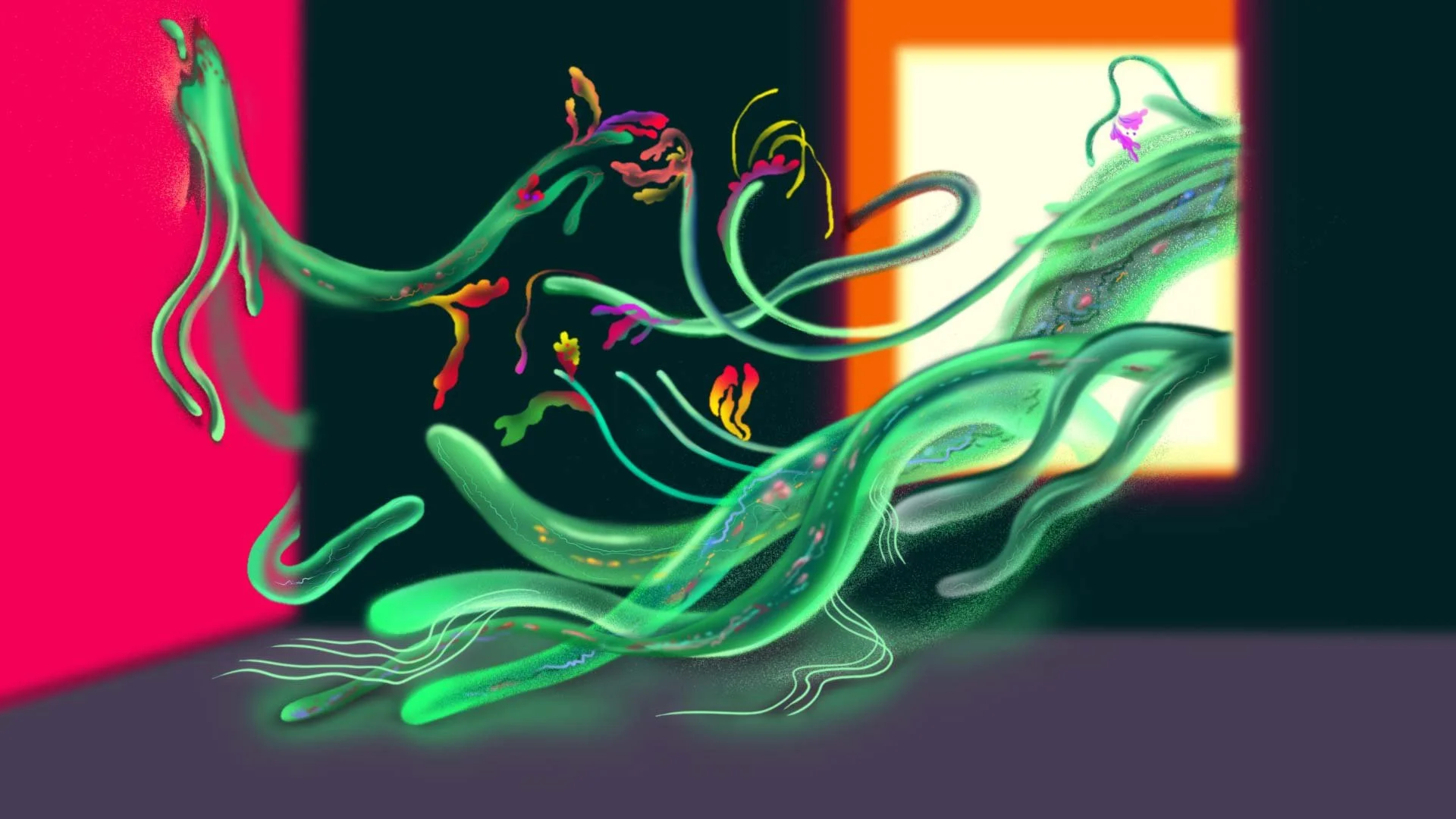 Numina's green tendrils reach through a doorway into a room lit red and orange — The Forgotten Four, Meow Wolf.