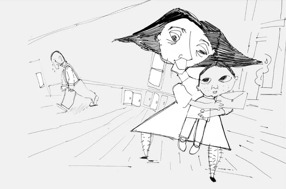The woman hugs the boy as the renter walks away down the road — The Renter.