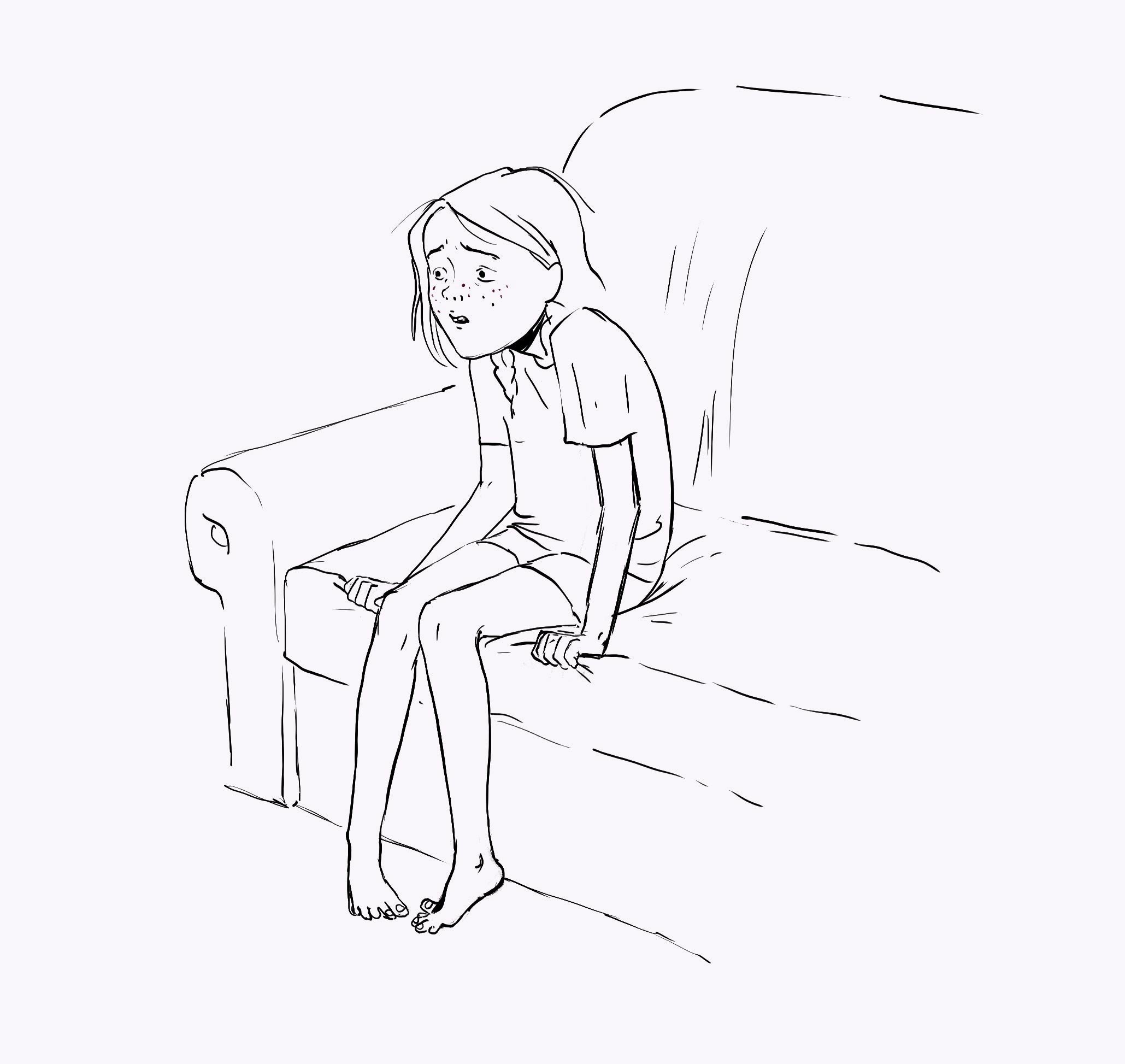 Jenny sits on the edge of the couch, gripping the cushion, her face anxious and alarmed — Misty.