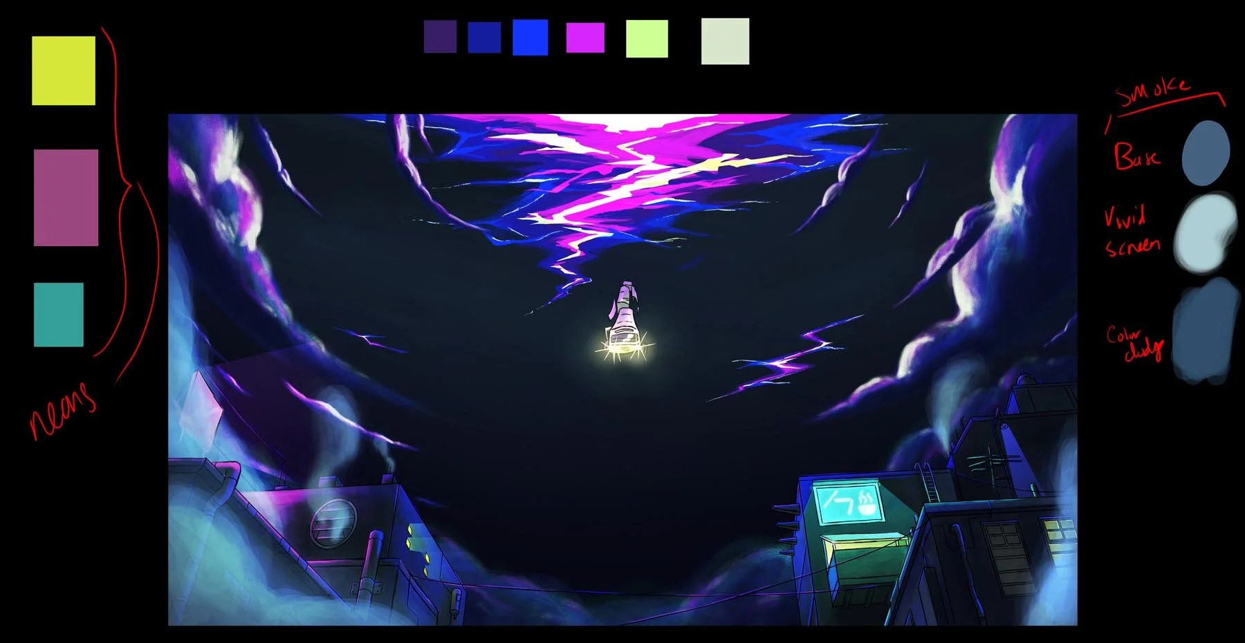 A bus flies down from a crackling purple rift above C Street, beneath a color palette — The Forgotten Four, Meow Wolf.