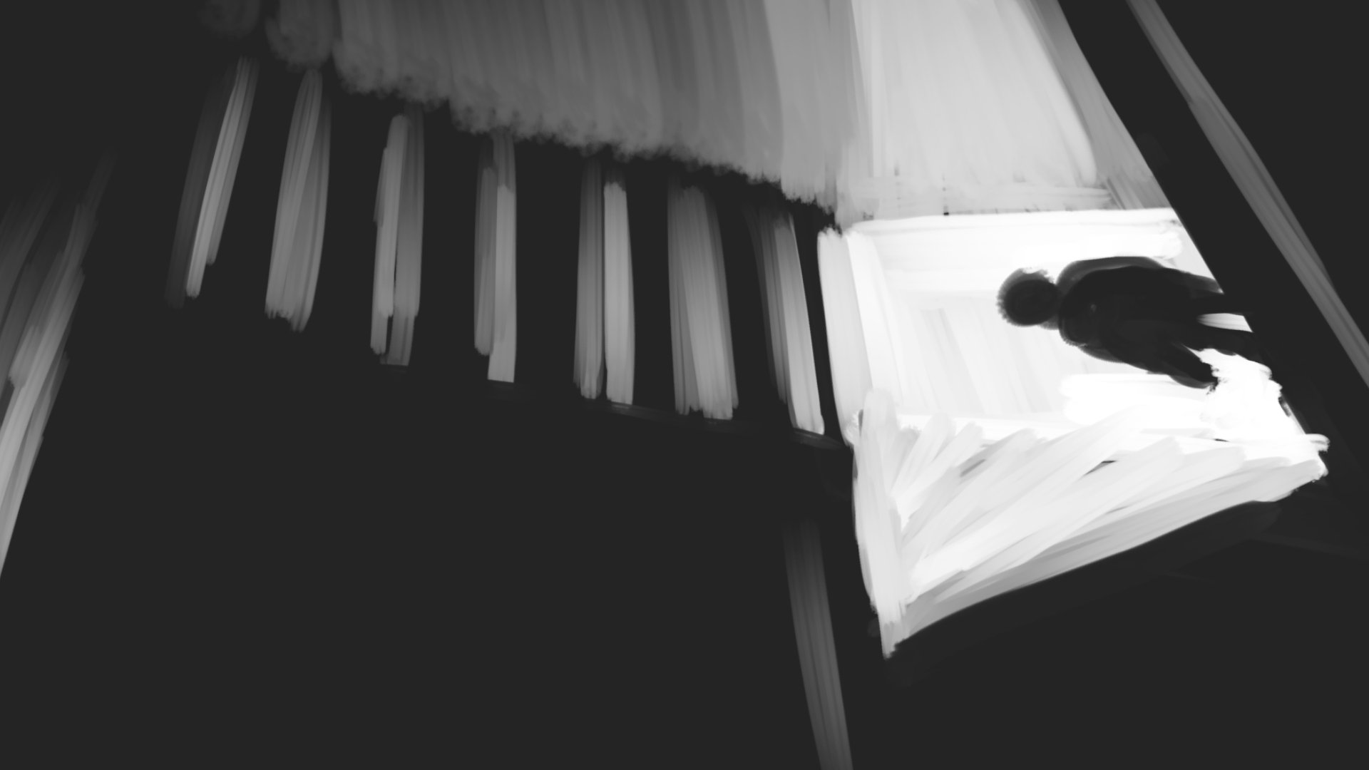 Seen from above, a lone shadow crosses a lit landing beside the stairs — The Price of Free.