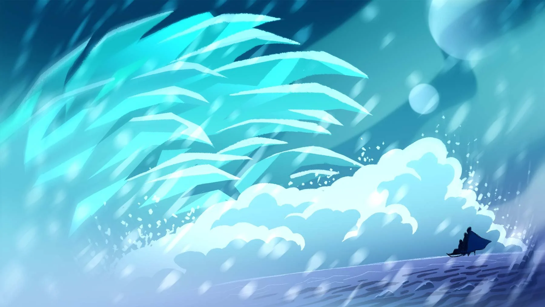 Giant claws of ice rise from the frozen ground to trap Panoa and Araceli — The Forgotten Four, Meow Wolf.