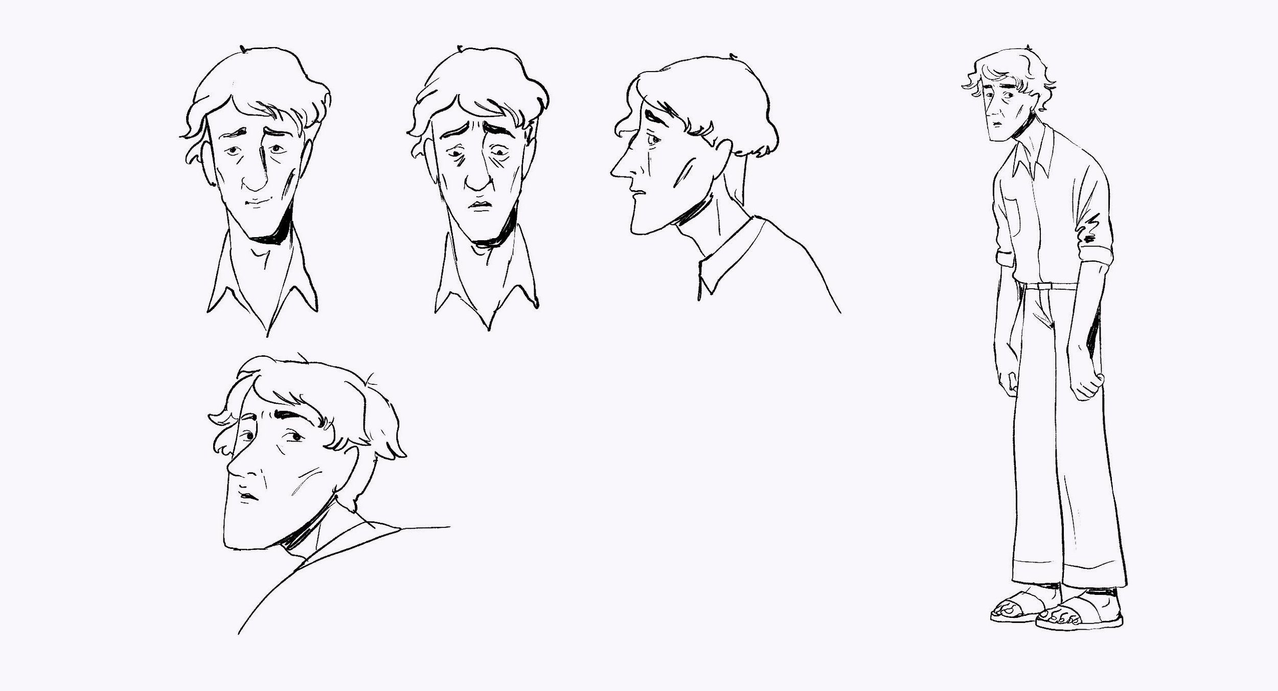 Character sketches of Cap, Jenny's father, a tall, lanky man with tousled hair and tired eyes, shown weary and worried from several angles, beside a full-length drawing of him in a rolled-sleeve shirt, wide trousers and sandals — Misty.