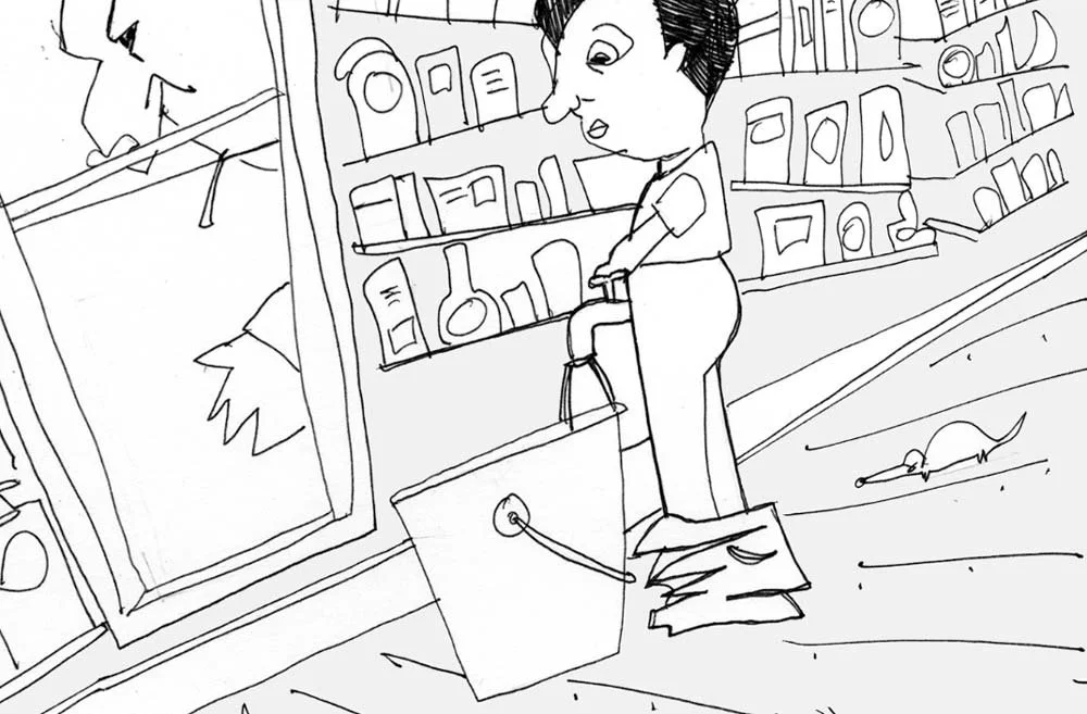 The renter stands outside a window, as the boy pees in a bucket in the pantry — The Renter.
