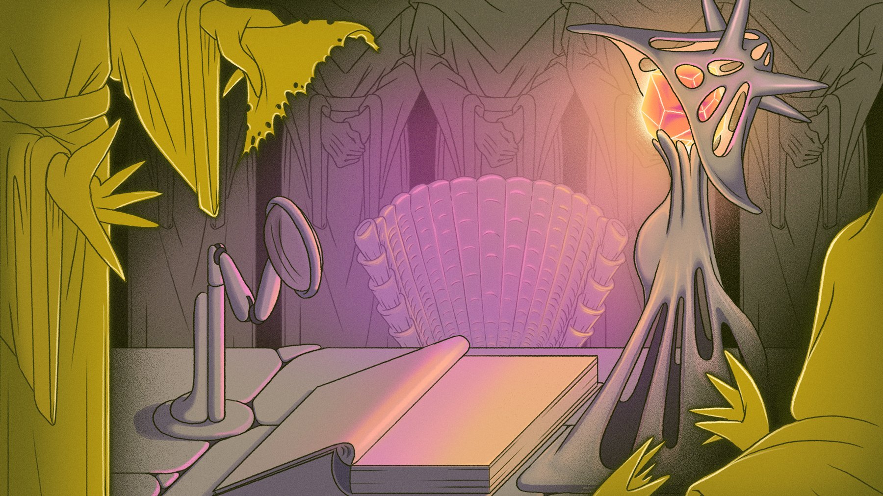 Rune's work table in a pink-lit alcove: an open book before a tall, shell-shaped chair, with a magnifying lens on a stand — The Forgotten Four, Meow Wolf.