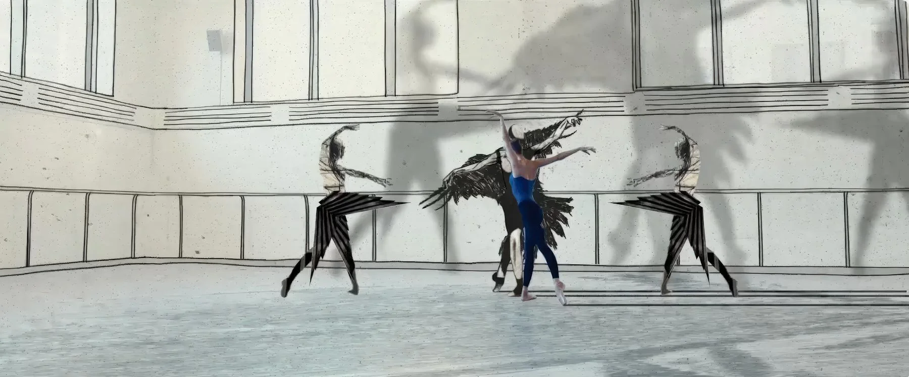 The ballerina dances with winged, drawn figures across a sketched studio — The Shimmering Asphalt, New York City Ballet.