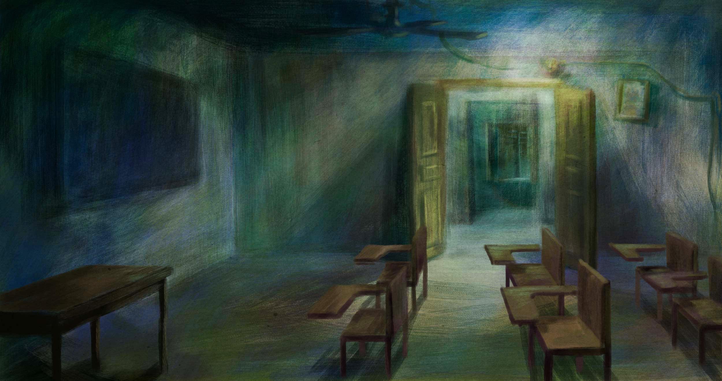A dim classroom at Ziauddin's school: rows of wooden desks face an open doorway, with light spilling in from the hall and a blackboard on the wall — He Named Me Malala.