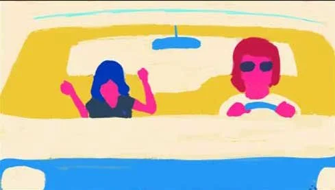 Seen through the windshield, Dave drums in the air beside his mom at the wheel — Watch the Sound, Apple TV+.