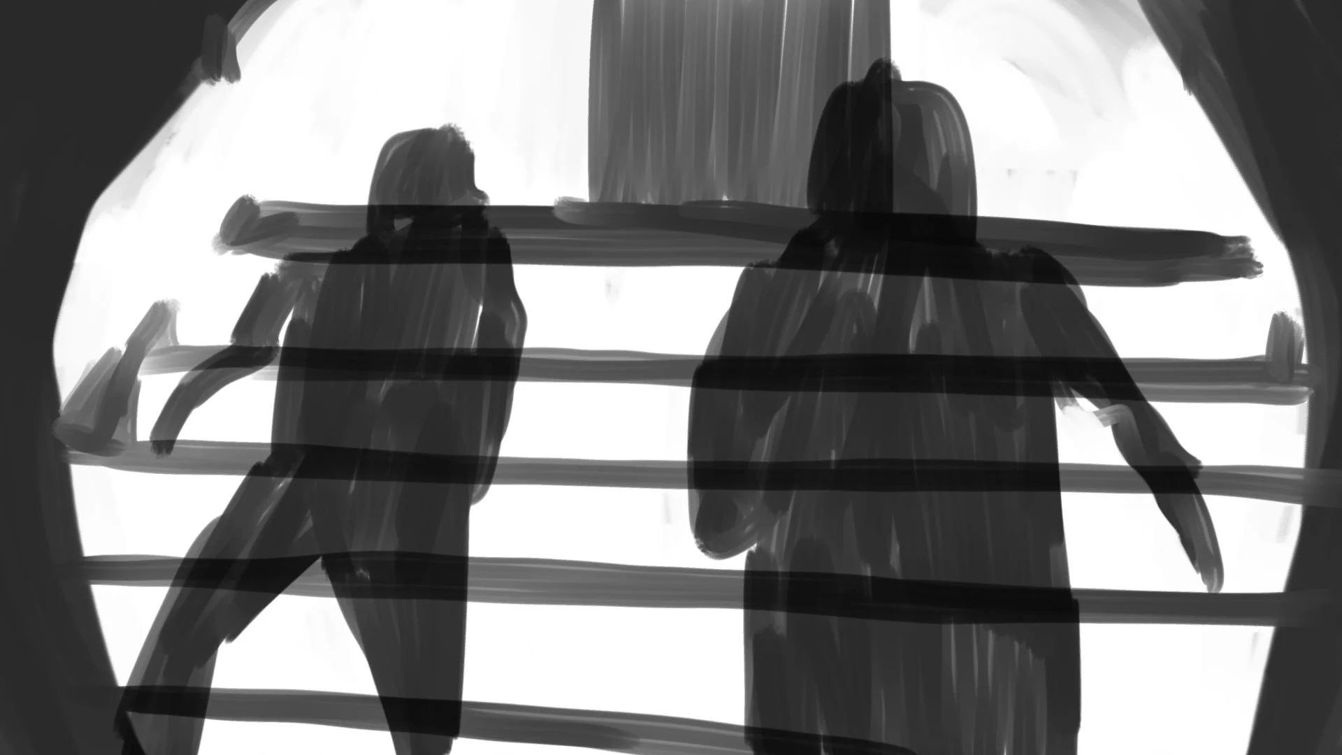 The friends' shadows stretch across the steps in the beam — The Price of Free.