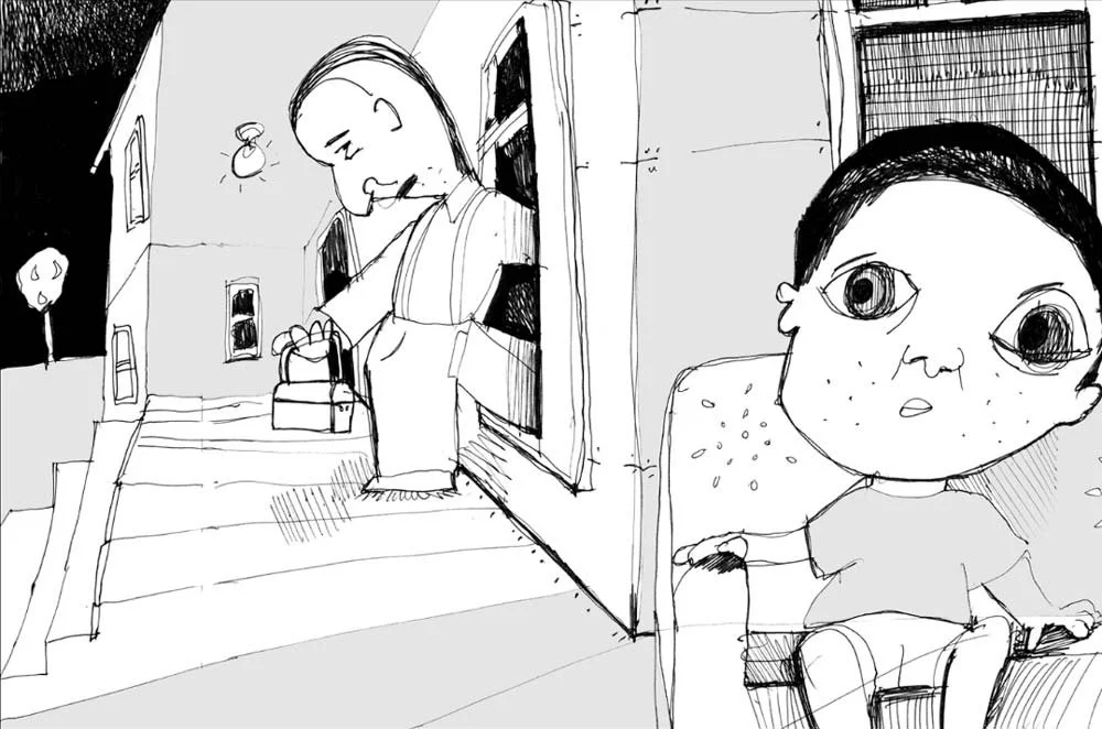 At night, the renter leaves with his lunchbox as the boy looks on — The Renter.