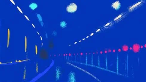 Tunnel lights streak past in deep blue — Watch the Sound, Apple TV+.