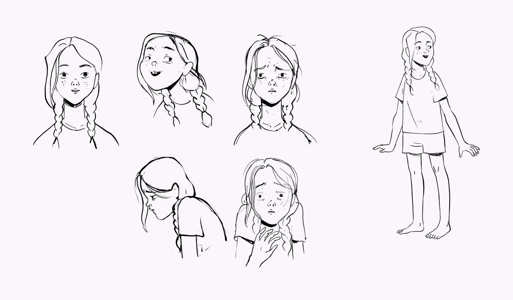 Character sketches of Jenny, a freckled girl with long braids, in a range of expressions from cheeky and curious to worried and withdrawn, beside a full-length drawing of her barefoot in a T-shirt and shorts — Misty.