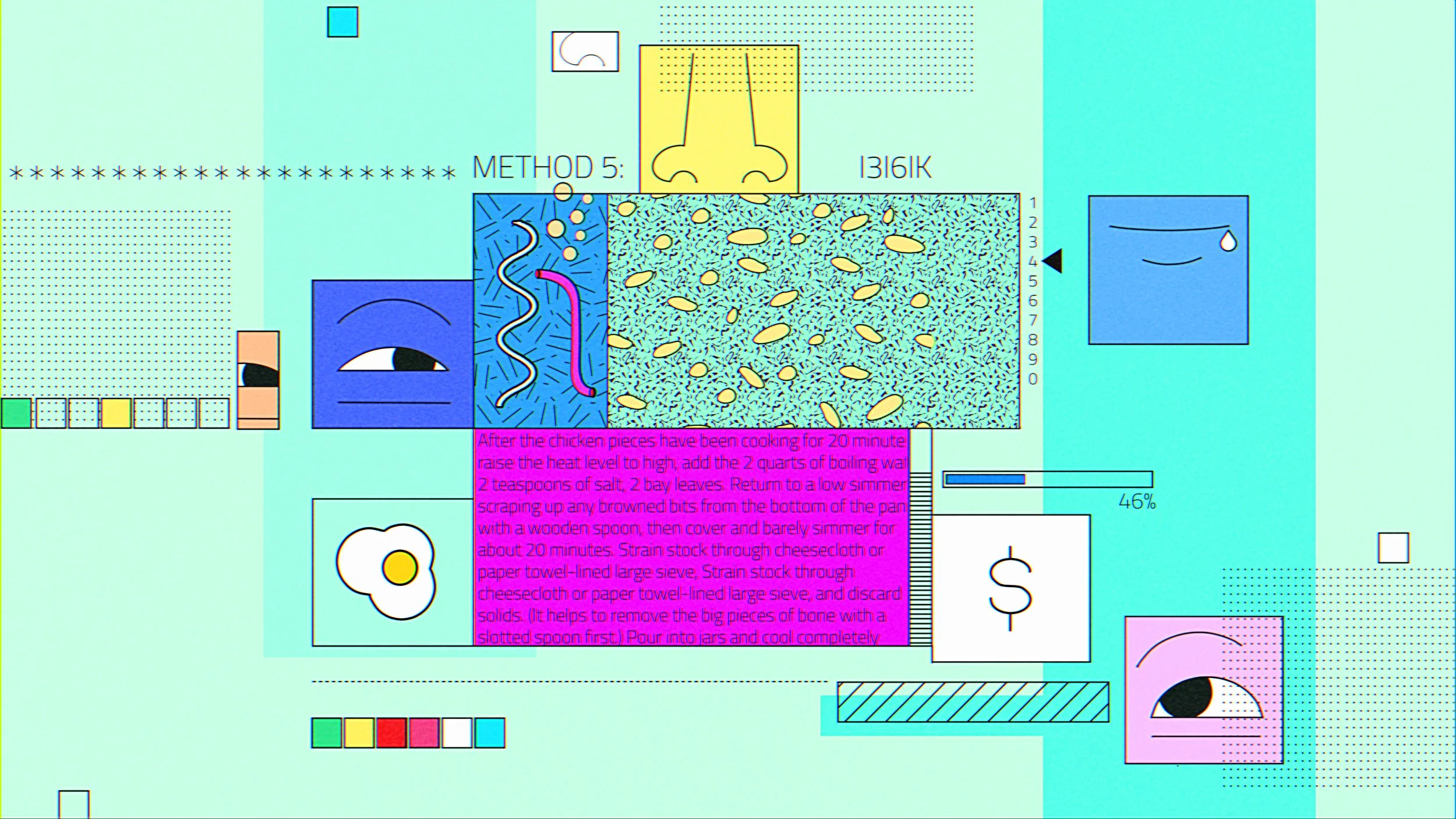 A mint-green interface collage labeled "Method 5" layers an eye, a nose, grains of rice, a fried egg, a dollar sign and a block of recipe text — The Next Thing You Eat, Hulu.
