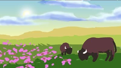 Color script: bison graze in a meadow of pink flowers — The Possibilities of Regeneration, Kiss the Ground.