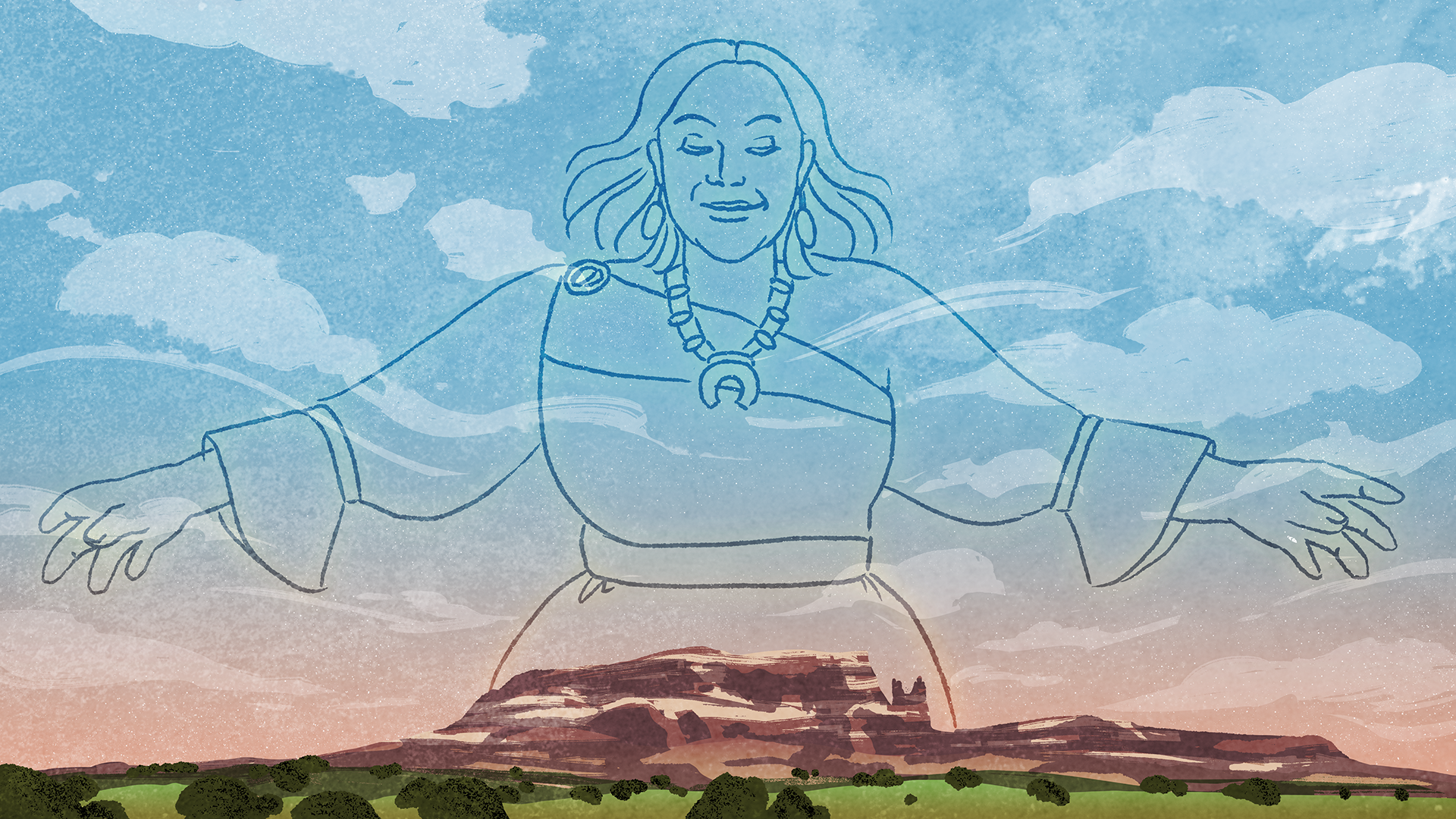 Drawn in fine blue line against the sky, Mother Earth rises from a red mesa, arms open wide — The Possibilities of Regeneration, Kiss the Ground.