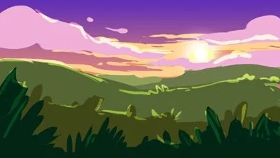 Color script for The Possibilities of Regeneration, moving from dusk purples through stormy blues and parched browns to lush greens and golden sunrise. It opens on a purple-pink sunset over green hills — The Possibilities of Regeneration, Kiss the Gr
