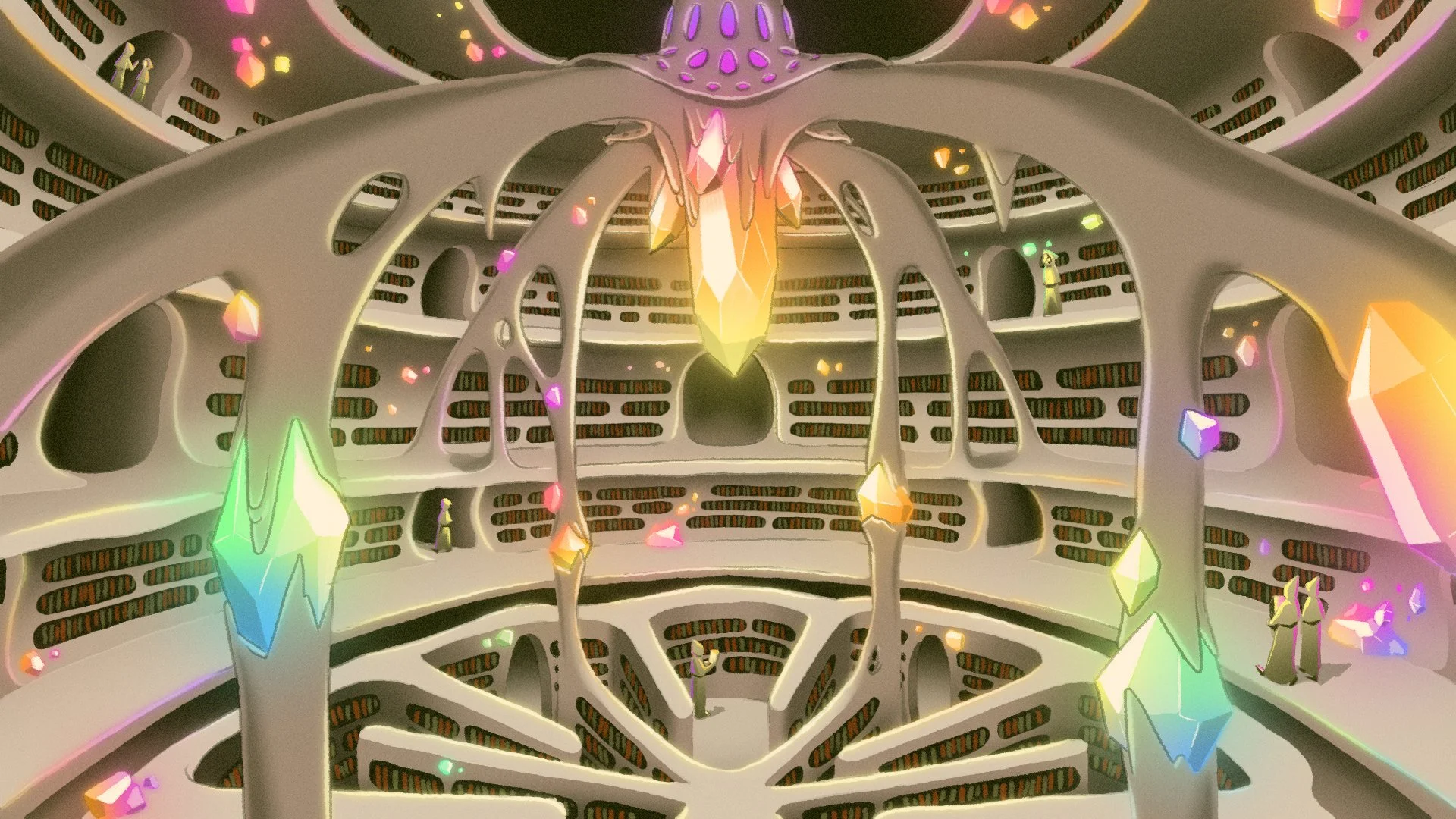 Another view of the great library, its curved shelves lit by glowing crystals beneath a towering central spire — The Forgotten Four, Meow Wolf.