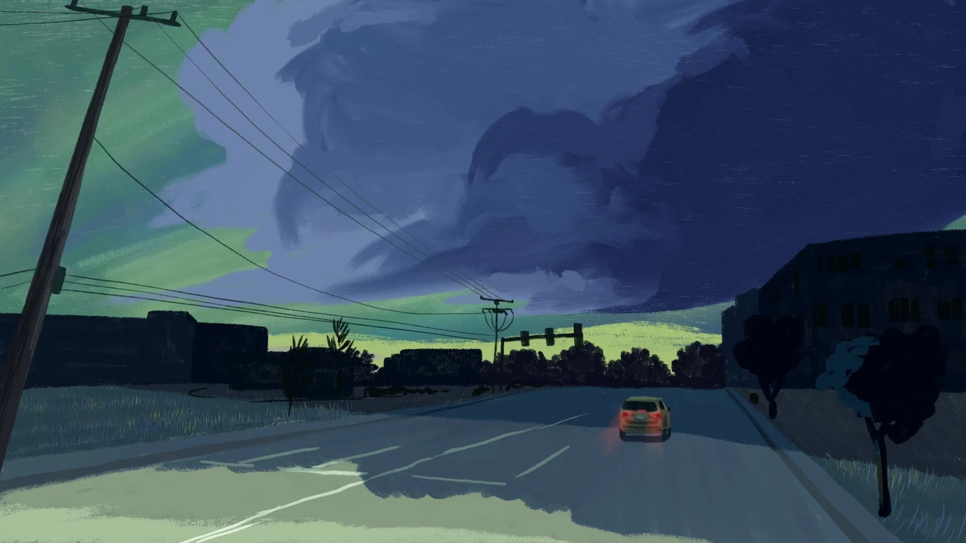 A lone car drives down an empty road beneath a towering blue storm cloud and an eerie green sky, the family's anxiety taking shape overhead — Misty.