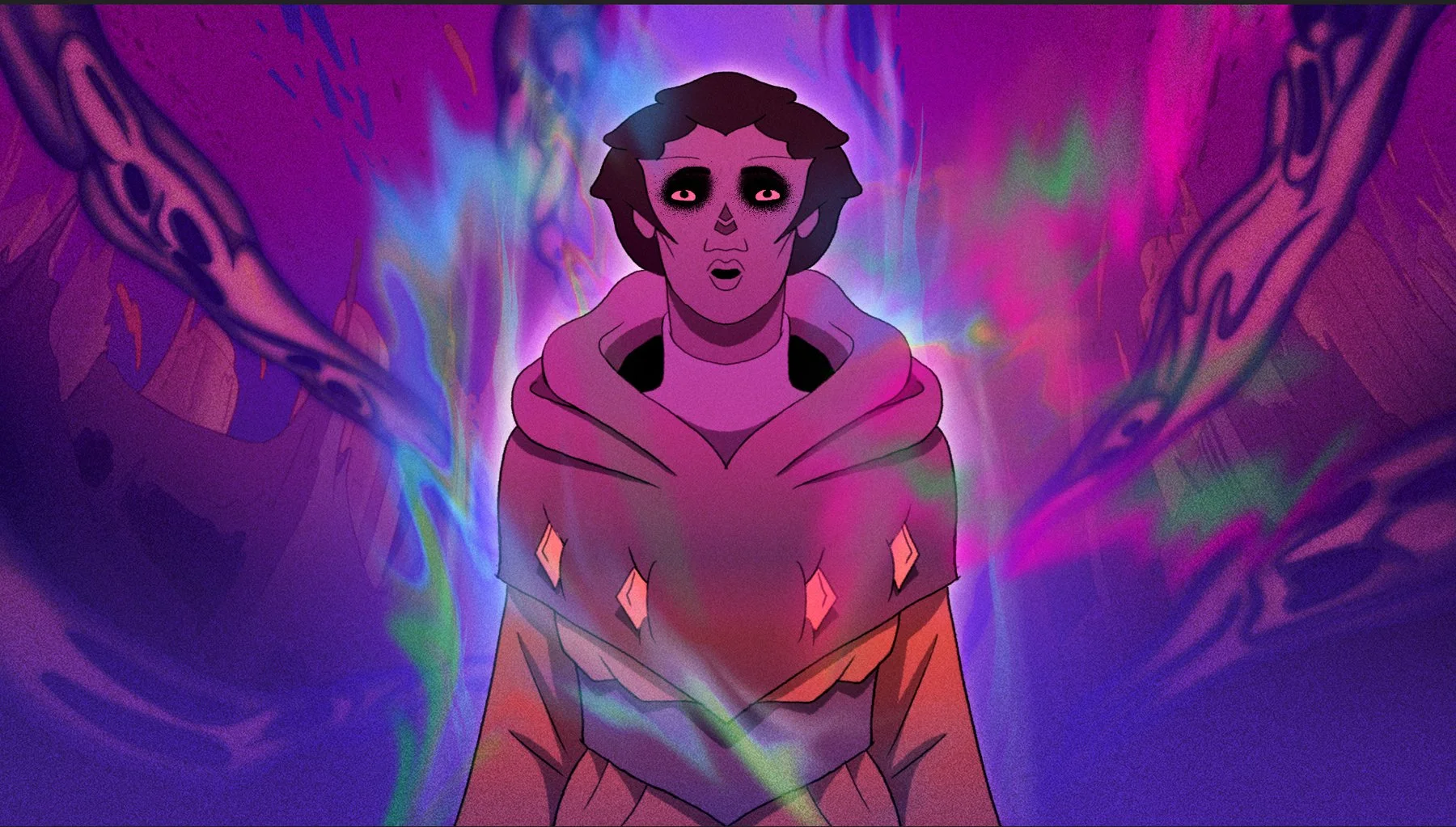 Rune, in a hooded robe set with crystals, stares in shock as swirling purple and pink light surrounds her — The Forgotten Four, Meow Wolf.