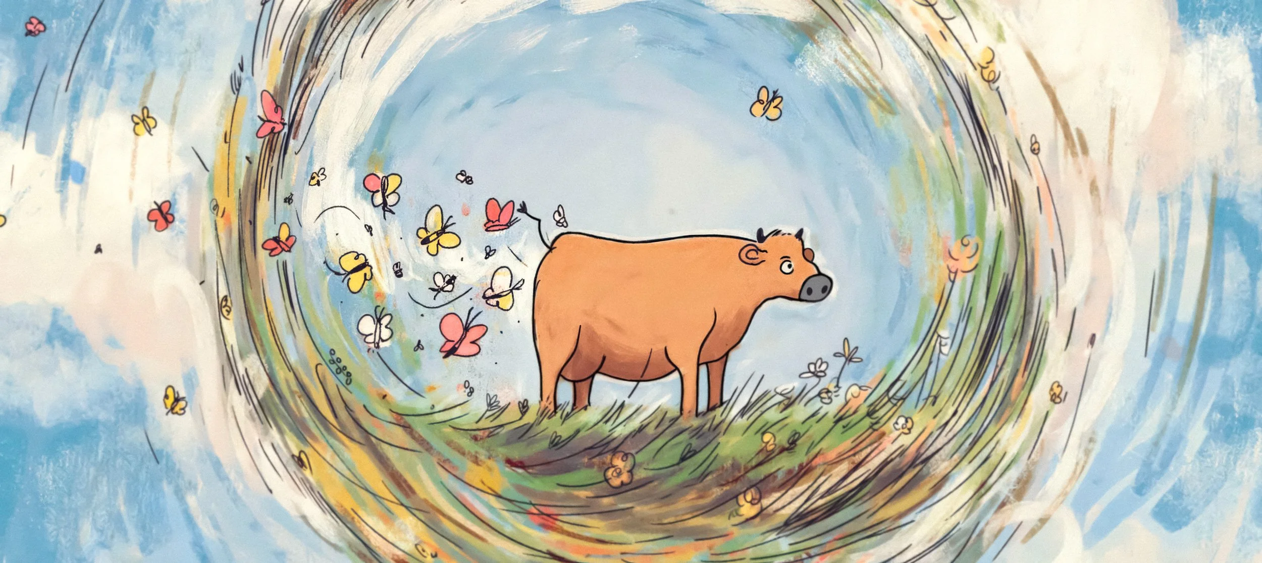 A cow stands inside a circle of plants and animals and farts butterflies — The Biggest Little Farm.