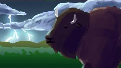 Color script: a bison stands before a storm as lightning strikes — The Possibilities of Regeneration, Kiss the Ground.