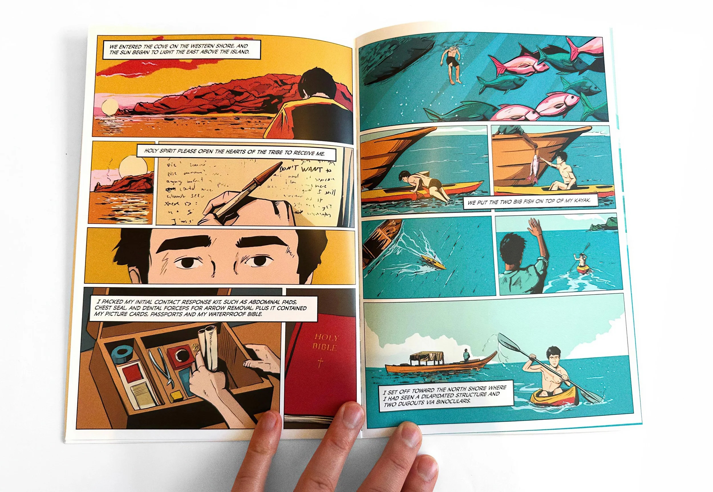 A comic spread at dawn: John writes a prayer in his journal, packs a first-aid kit and a waterproof Bible, then kayaks away from the fishing boat toward the island's north shore. A caption reads "Holy Spirit please open the hearts of the tribe to rec