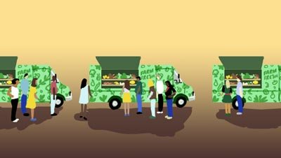 Color script: people gather at green food stalls at a market — The Possibilities of Regeneration, Kiss the Ground.