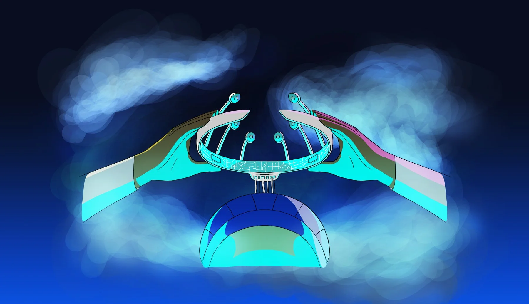 Darya lowers a glowing headband with electrodes onto her head to help her search for Numina — The Forgotten Four, Meow Wolf.