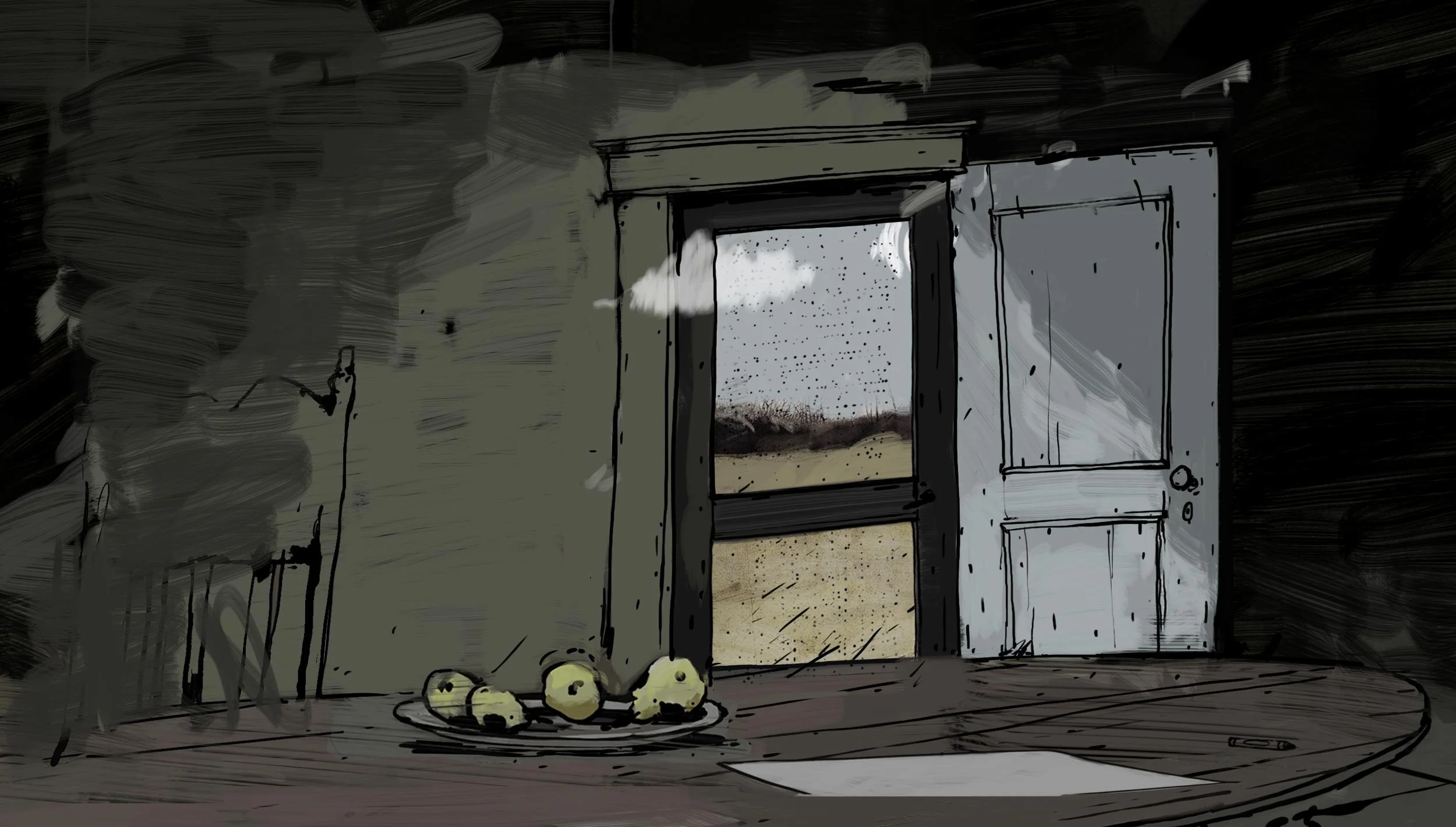 Inside the dim dining room, a bowl of pears sits on the table by an open door looking out to the field — The Renter.