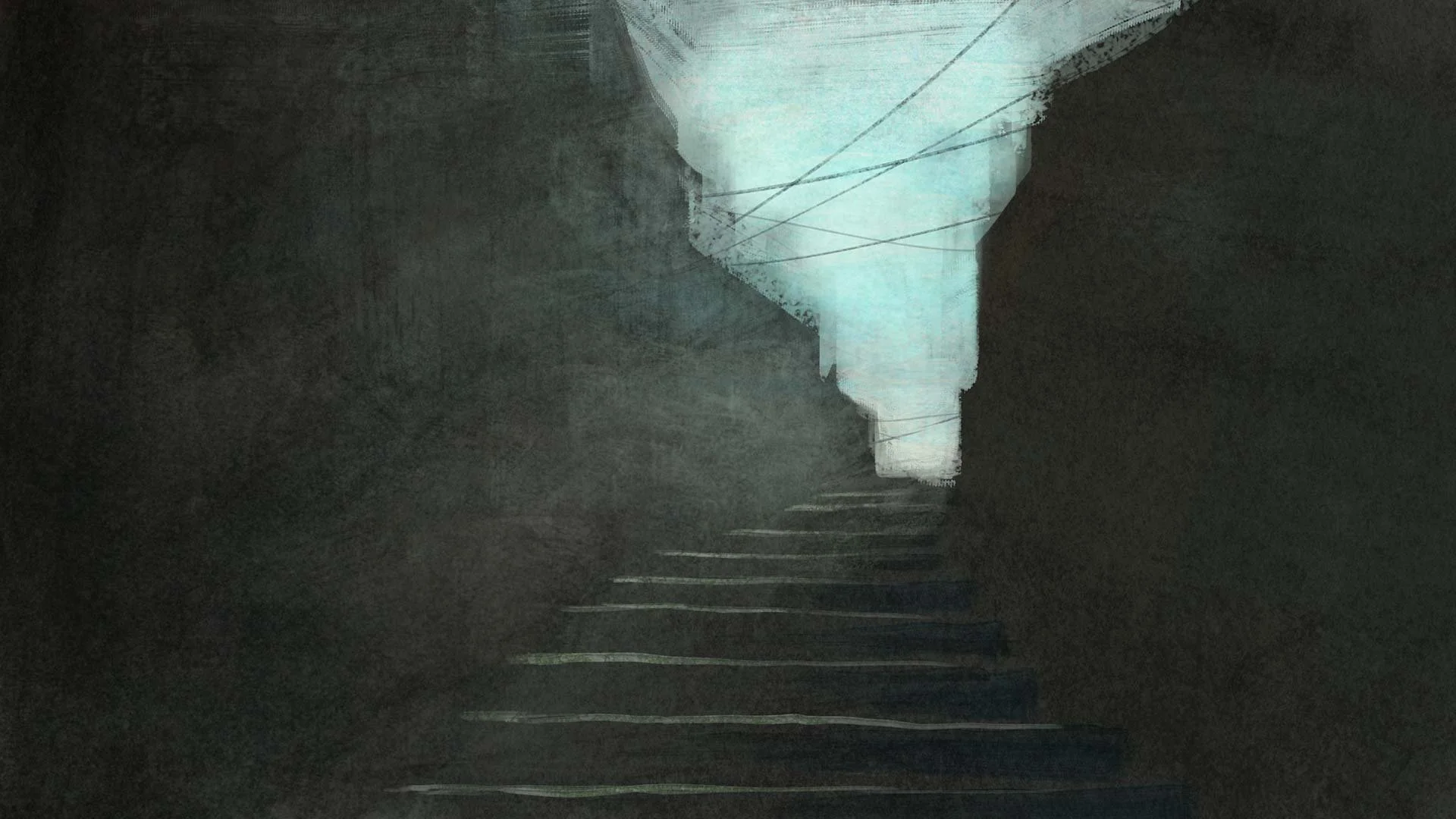 A narrow, shadowed staircase climbs toward the light on Malala's secret walk to school — He Named Me Malala.