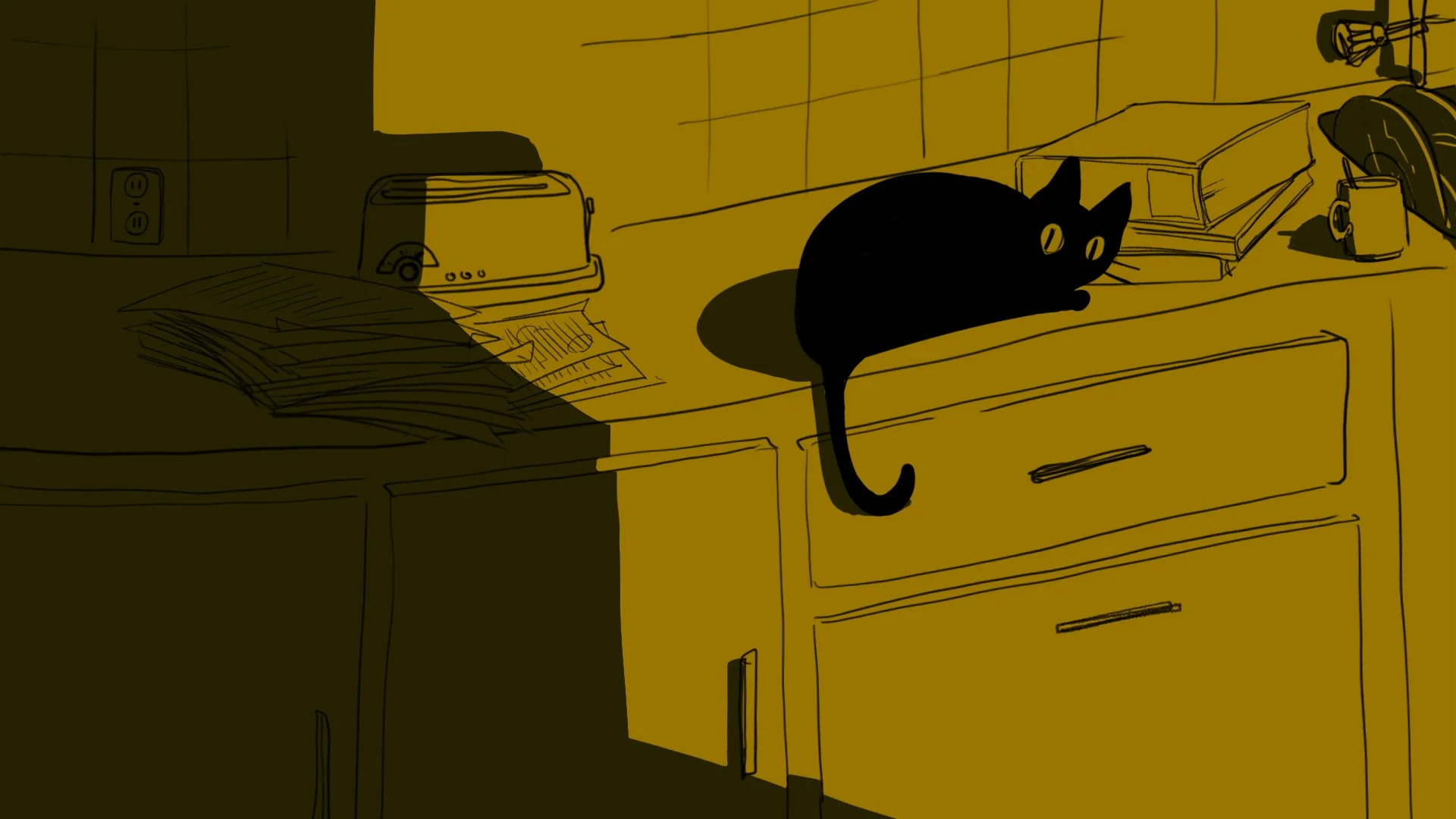 Quesa, Pam's black cat, lounges on a kitchen counter in warm amber light — The Forgotten Four, Meow Wolf.