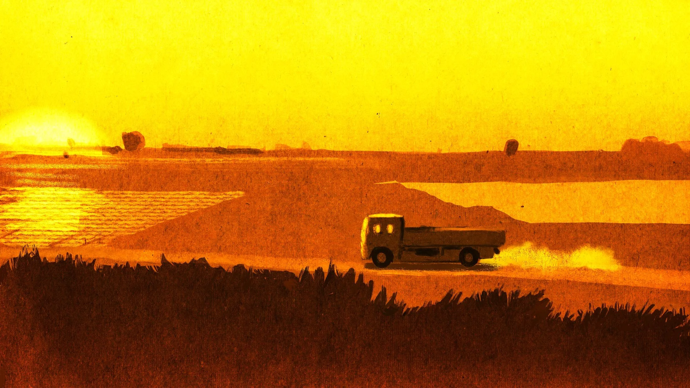 A truck drives across a flat golden landscape toward the brick kiln — The Price of Free.