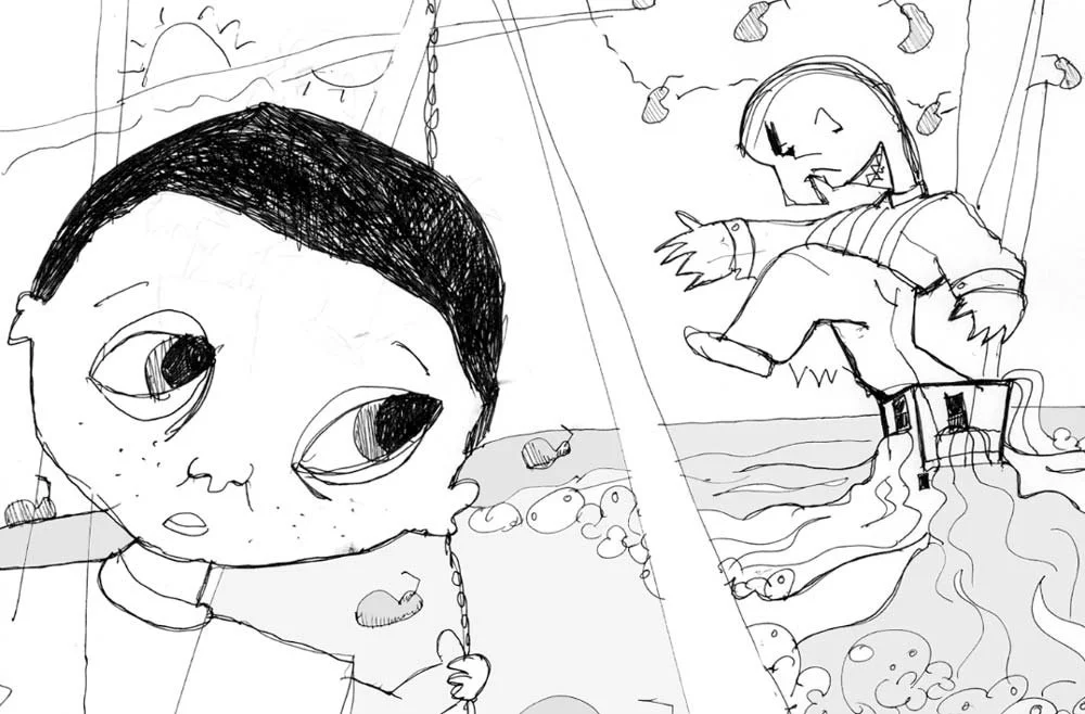 The boy watches from a swing as the renter is breaks through the roof of the house — The Renter.